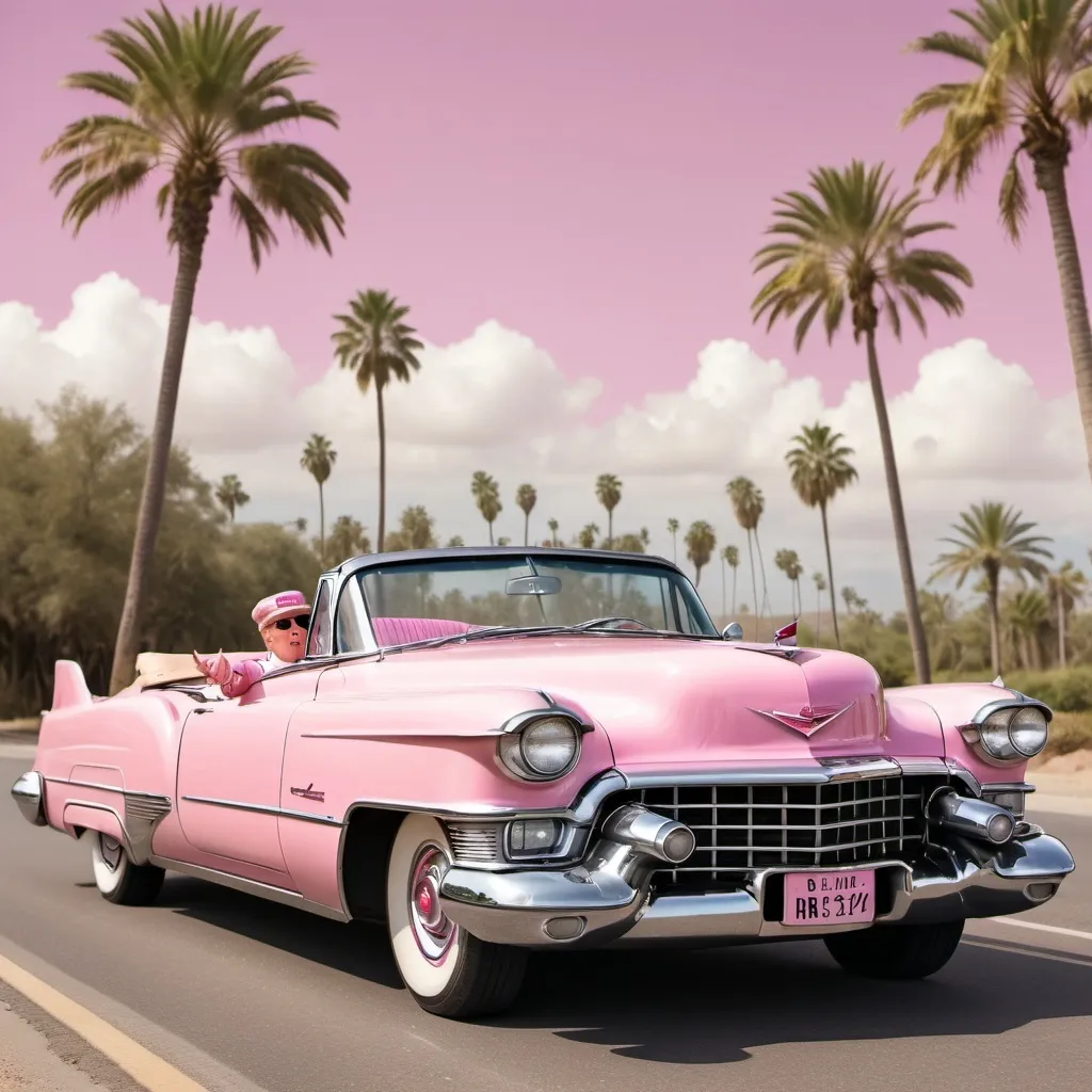 Prompt: Vintage style pink 1950s pink convertible Cadillac sitting on road with palm trees in the background, realistic Donald Trump, license plate,  driving the cadillac with one hand on steering wheel and one hand holding up a peace sign