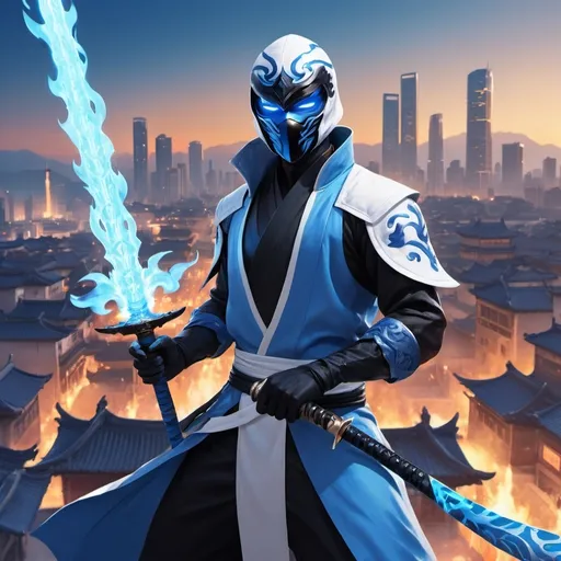 Prompt: a man in a blue and white outfit black blue mask holding a blue fire sword in his hand and a city in the background, Du Jin, cobra, rossdraws global illumination, concept art