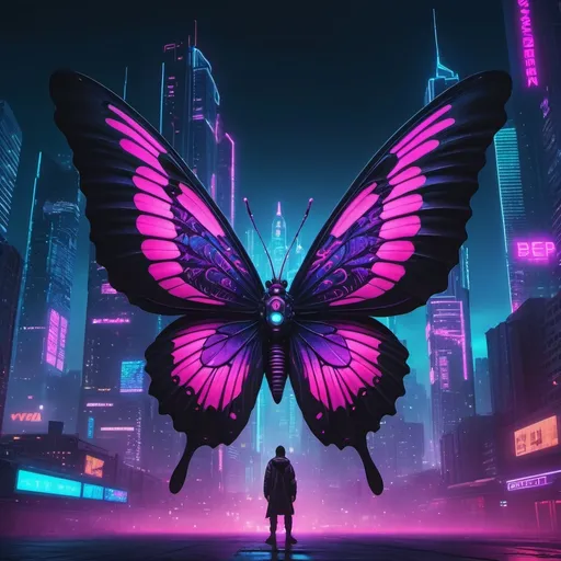 Prompt: a large black
butterfly monster standing in the middle of a city at night with neon lights on it's pink purple wings, Beeple, maximalism, synthwave  style, cyberpunk art