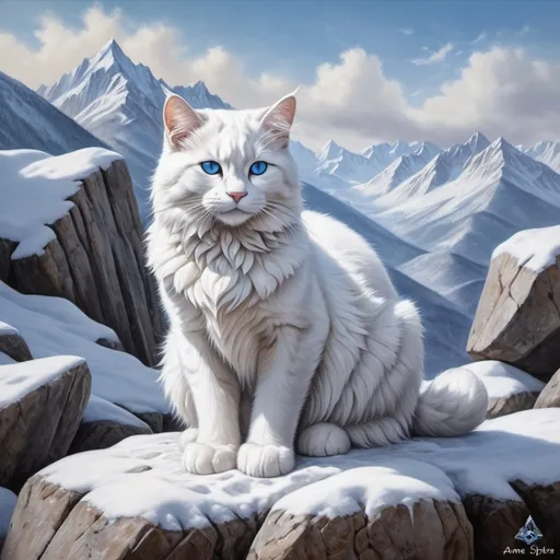 Prompt: a snow cat with blue eyes sitting on a rock in the snow with mountains in the background and snow covered rocks, Anne Stokes, furry art, photoreal, a photorealistic painting