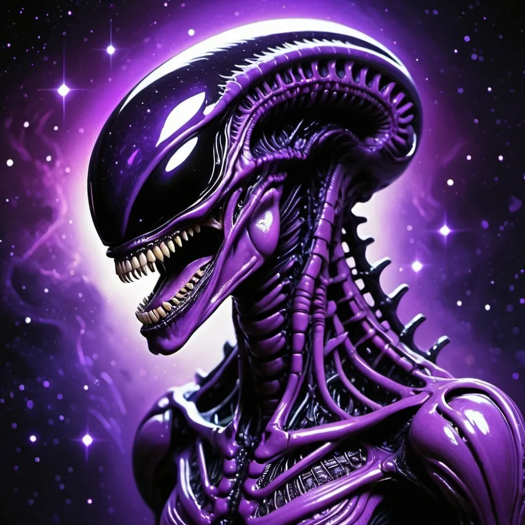 Prompt: a purple xenomorph with a black purple face and a purple background with stars and a purple light in the background, Adam Rex, space art, purple, concept art