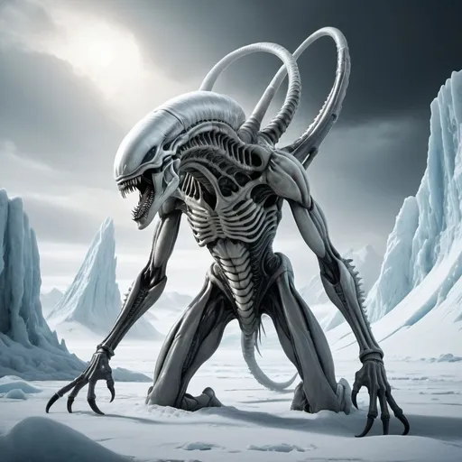 Prompt: a large white xenomorph with sharp teeth in the icy arctic with a large amount of snow on its face and mouth, Dirk Crabeth, fantasy art, lovecraftian, concept art