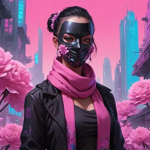 Prompt: a woman wearing a black mask pink outfit a purple scarf with flowers on it, with a pink blue city background and a pink background, Android Jones, beatiful art, cyberpunk art