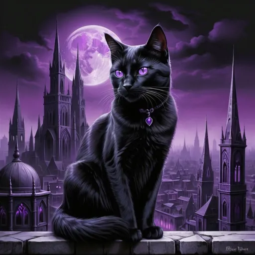 Prompt: a black cat with purple eyes and a black background is shown in this picture, puple black city, Anne Stokes, gothic art, purple, digital art