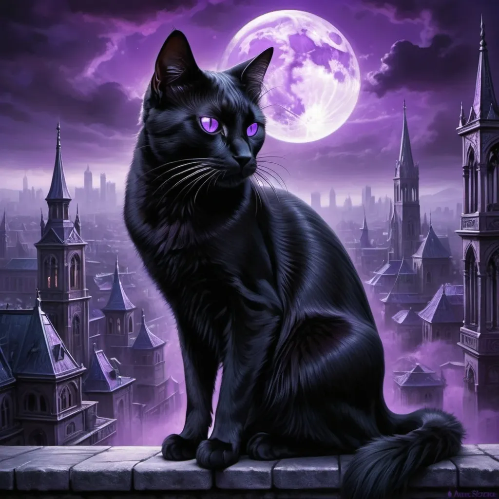 Prompt: a black cat with purple eyes and a black background is shown in this picture, puple black city, Anne Stokes, gothic art, purple, digital art