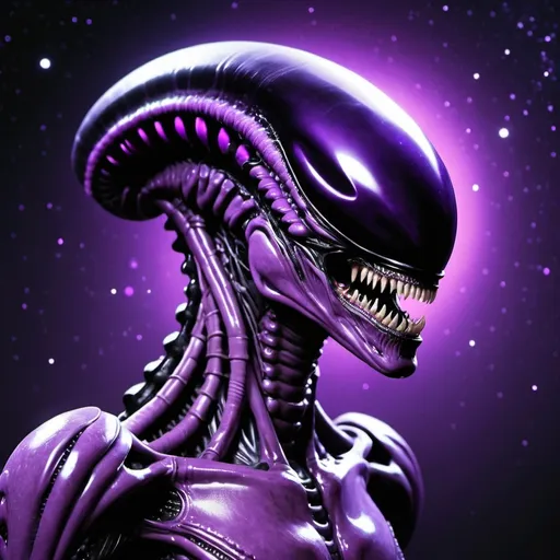 Prompt: a purple xenomorph with a black purple face and a purple background with stars and a purple light in the background, Adam Rex, space art, purple, concept art