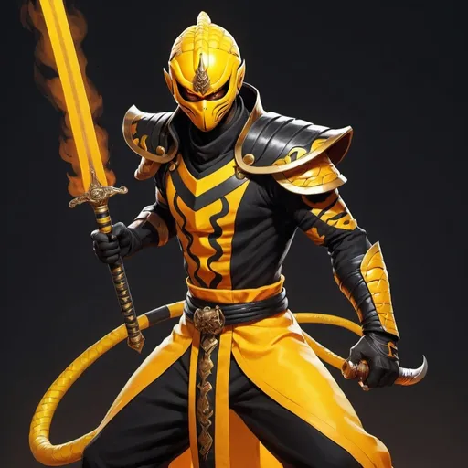 Prompt: a man in a yellow and black outfit orange yellow mask holding a fire yellow and orange sword and a sword in his hand, with a yellow and black outfit on, Dai Jin, cobra, 2 d game art, a character portrait