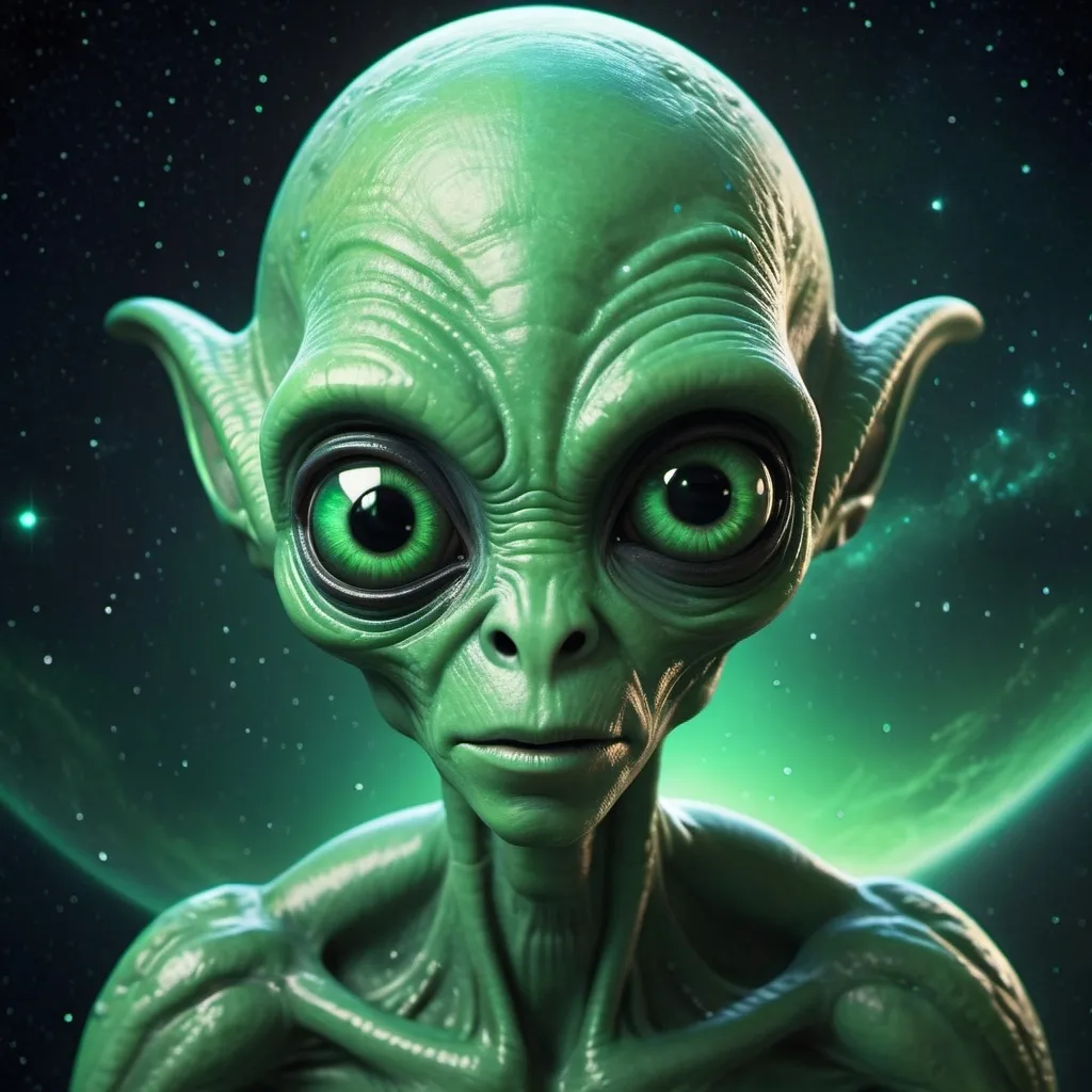 Prompt: a weird looking green alien with big black eyes and a finger in his hand, with a green background and stars,got no ears Andries Stock, space art, alien, a 3D render