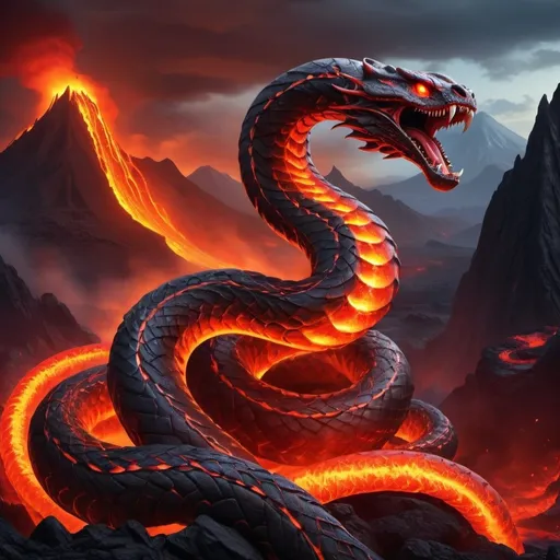 Prompt: a giant snake with red eyes and a large body of fire in the lava, with a lava mountain in the background, Anne Stokes, cobra, dragon art, concept art