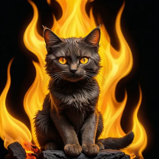 Prompt: a cat sitting on a fire with a black background and a black background behind it, with a yellow flame in the foreground, Carlos Catasse, fantasy art, orange, concept art