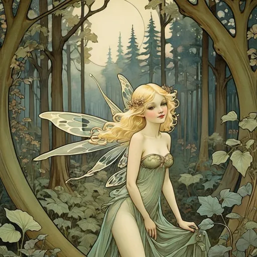 Prompt: a blonde fairy in a forest whimsical art nouveau 
