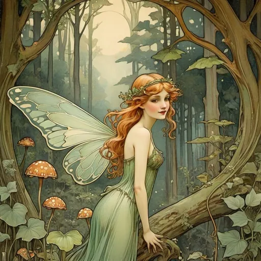 Prompt: a fairy in a forest whimsical art nouveau 