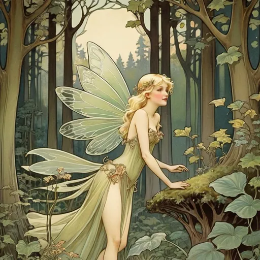 Prompt: a blonde fairy in a forest whimsical art nouveau 