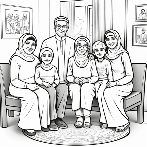 Prompt: "Create a one-page cartoon-style coloring page for kids, featuring a family gathering with multiple generations, including grandparents, parents, and children, sitting together in a warm and joyful atmosphere. The women in the family should be wearing Islamic hijab. The children are showing respect by listening attentively to the grandparents. Above the family, show a Wi-Fi-like signal symbol, with each upward arc representing the increase of good deeds, and label it 'Good Deeds Increasing.' Additionally, show fading or dissolving symbols of bad deeds (like small dark marks or clouds) labeled 'Bad Deeds Decreasing' in the background. Include symbols of blessings and sustenance, such as food on the table and a glowing light around the family, with happy and kind expressions. Keep the design simple and fun for kids to color."