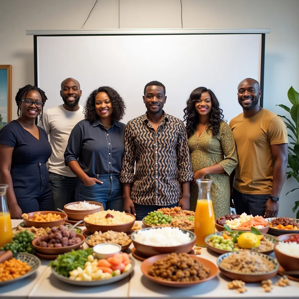 Prompt: Generate pictures of Nigeria in front of white banner in group photography with foods and drinks on table ahead them

