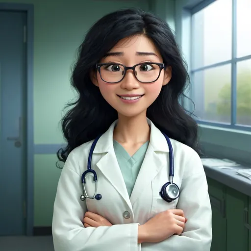 Prompt: Asian female doctor with white coat. Black curly long hair. Smile. With glasses. Brest up  