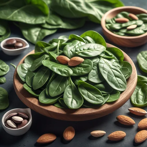 Prompt: magnesium health benefits, detailed illustrations of food sources rich in magnesium, vibrant green spinach, crunchy almonds, wholesome dark chocolate, calming mood and relaxation, organic nature-inspired background, soft sunlight filtering through leaves, high attention to detail, harmonious and balanced composition, ultra-detailed, 4K resolution, educational and inviting ambiance