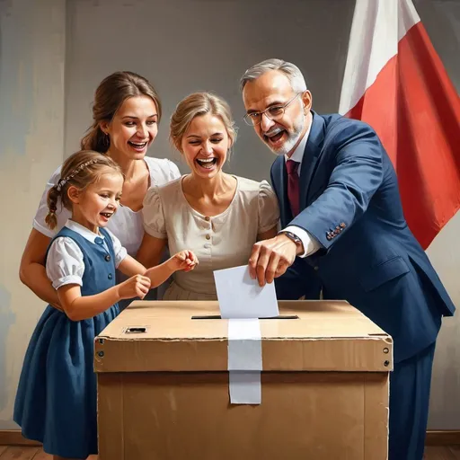 Prompt: Happy family approaching the ballot box with a Polish flag on it, election-themed, democratic, patriotic, high quality, realistic painting, detailed facial expressions, vibrant colors, dramatic lighting, voting scene, ballot paper, democratic process, flag movement, hand reaching out, intense emotions, professional art style, detailed clothing, traditional painting, realistic colors, historical importance, symbolic, empowering atmosphere