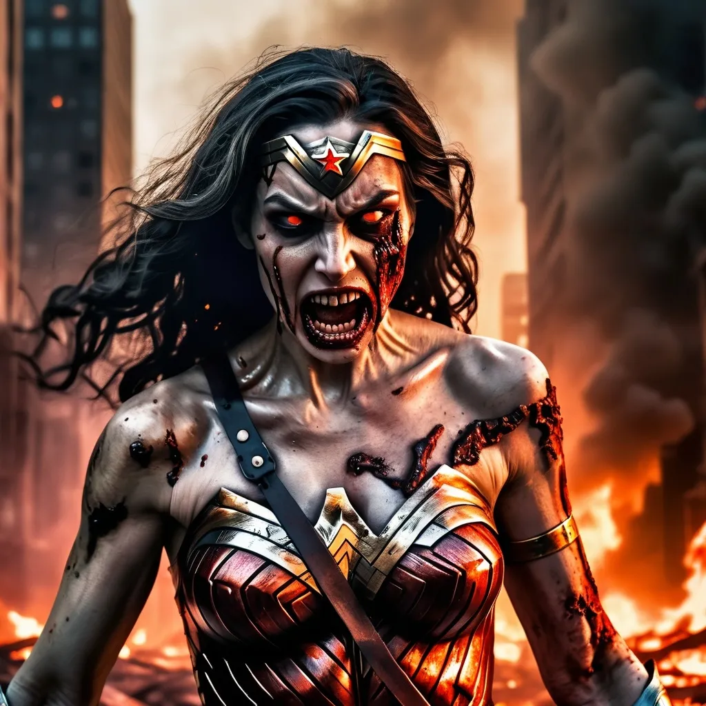 Prompt: (photorealistic) Wonder woman turn into a zombie eating human in front of  burning city