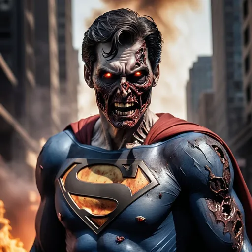 Prompt: (photorealistic) Superman  turn into a zombie eating human in front of  burning city