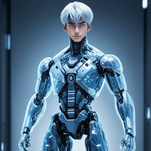 Prompt: A strikingly handsome Asian android with the face of a late-twenties Chinese man, platinum silver hair, and light blue eyes seamlessly integrated with a body made of reinforced transparent plastic. His intricate wiring, advanced mechanical components, and glowing circuits are clearly visible through the sleek, transparent shell, showcasing his futuristic design. He stands tall and poised, exuding strength and precision. His gaze is focused directly at the camera, his expression calm yet alert, as if awaiting his next command. The scene is set in a bright, ultra-modern home filled with sleek, minimalist furniture and ambient futuristic lighting. The image is captured in stunning UHD professional photography with impeccable attention to detail, ensuring no deformities in hands, feet, toes, or any other features. The composition highlights his full-length form, emphasizing his advanced engineering and human-like elegance