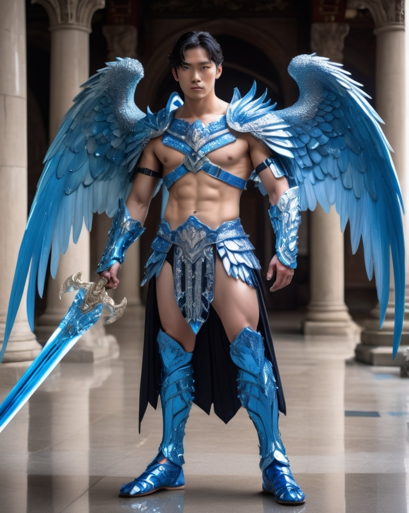 Prompt: 8k UHD, Asian Male guard, full body portrait, black hair, light blue eyes, handsome, masculine, majestic, large wings of blue crystal, blue crystal-encrusted armor, blue crystal-encrusted shin guards, tiny blue crystal low-waist swimming briefs, barefoot, holding a sword by his side, crystal palace, Canon R6 Mark II, 