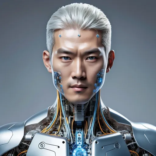 Prompt: A strikingly handsome Asian android with the face of a late-twenties Chinese man, platinum silver hair, and light blue eyes seamlessly integrated with a body made of reinforced transparent plastic. His intricate wiring, advanced mechanical components, and glowing circuits are clearly visible through the sleek, transparent shell, showcasing his futuristic design. He stands tall and poised, exuding strength and precision. His gaze is focused directly at the camera, his expression calm yet alert, as if awaiting his next command. The scene is set in a bright, ultra-modern home filled with sleek, minimalist furniture and ambient futuristic lighting. The image is captured in stunning UHD professional photography with impeccable attention to detail, ensuring no deformities in hands, feet, toes, or any other features. The composition highlights his full-length form, emphasizing his advanced engineering and human-like elegance