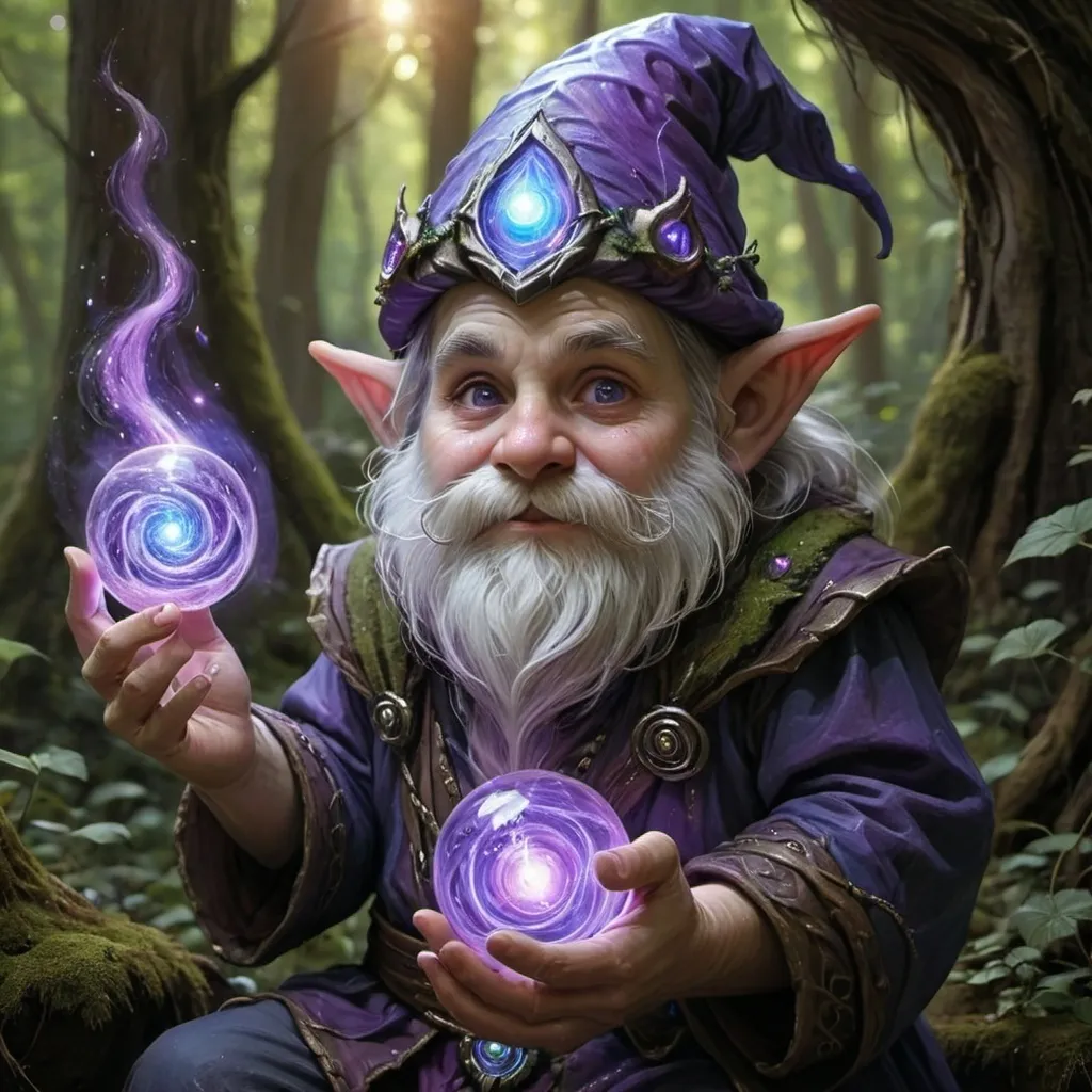 Prompt: male middle aged forest gnome sorcerer casting chromatic orb spell.  Additionally his eyes and sclera are purple and blue galactic swirls