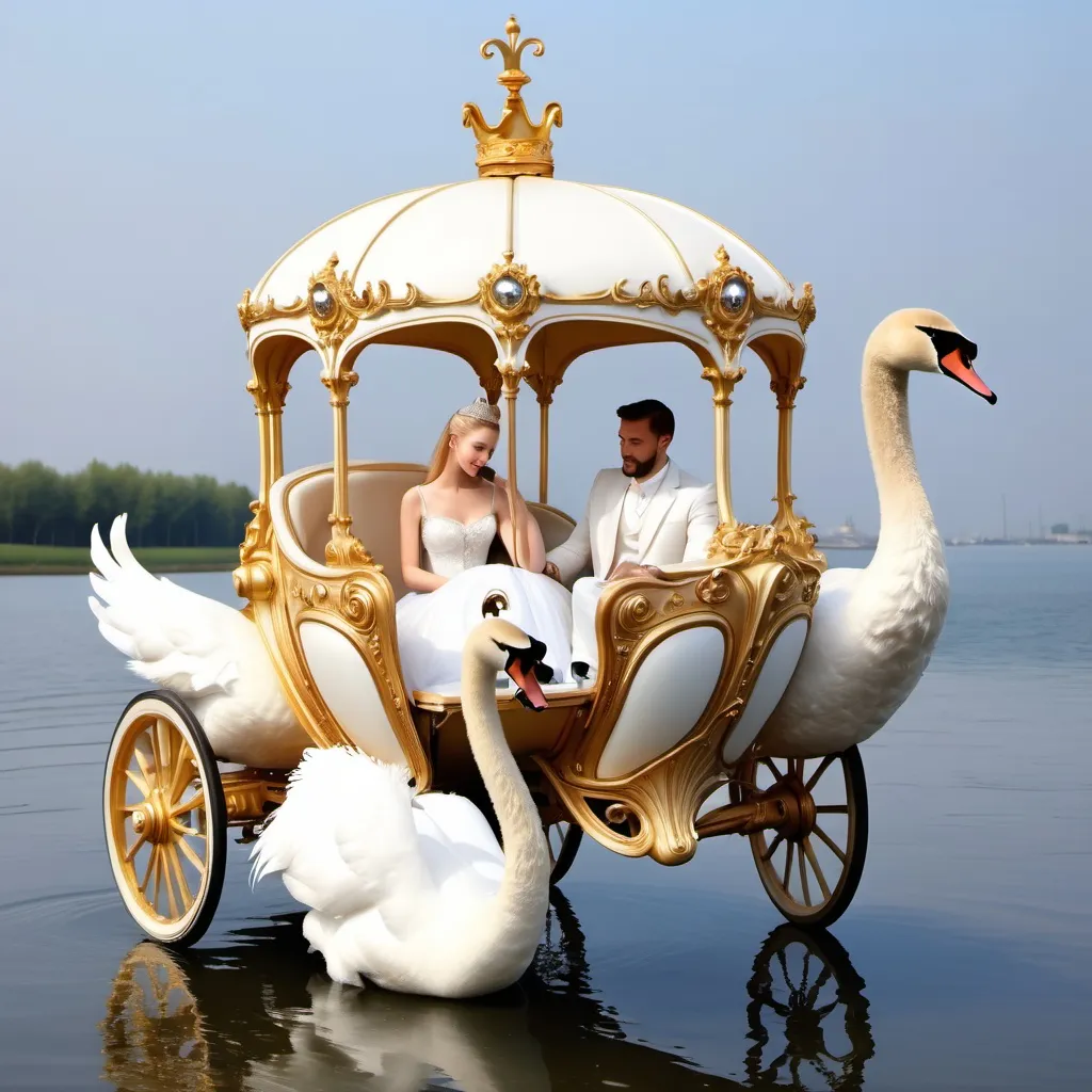 Prompt: The swans in sea that pull the white Cinderella's carriage and only the king and queen are sitting inside the carriage.  I want more photos. There is only one woman and one happy man in the carriage.Not two women, one man, one woman. MOre photo