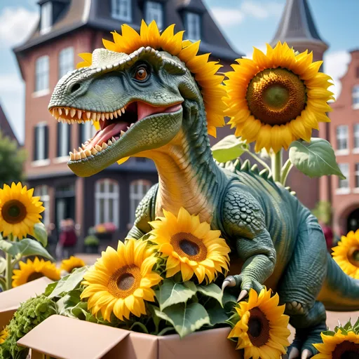 Prompt: Dinosaur holding sunflowers as a gift, modern Dutch background, vibrant and detailed, warm and sunny tones, realistic, sunny day, happy atmosphere, 4k, high quality, detailed scales, lush greenery, friendly expression, traditional Dutch architecture, colorful flowers, joyful, heartwarming, nostalgic, realistic lighting