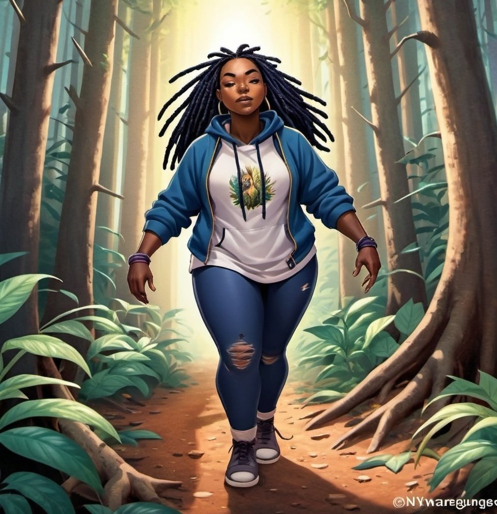 Prompt: Nyara, blessed with the legacy of her West African ancestors' profound witchcraft and the serene yet potent energy of the mystical Lumni region, was in perfect harmony with her surroundings." Image: Nyara surrounded by magical energies, her hands moving in Fae sign language, communicating with the natural elements around her.
