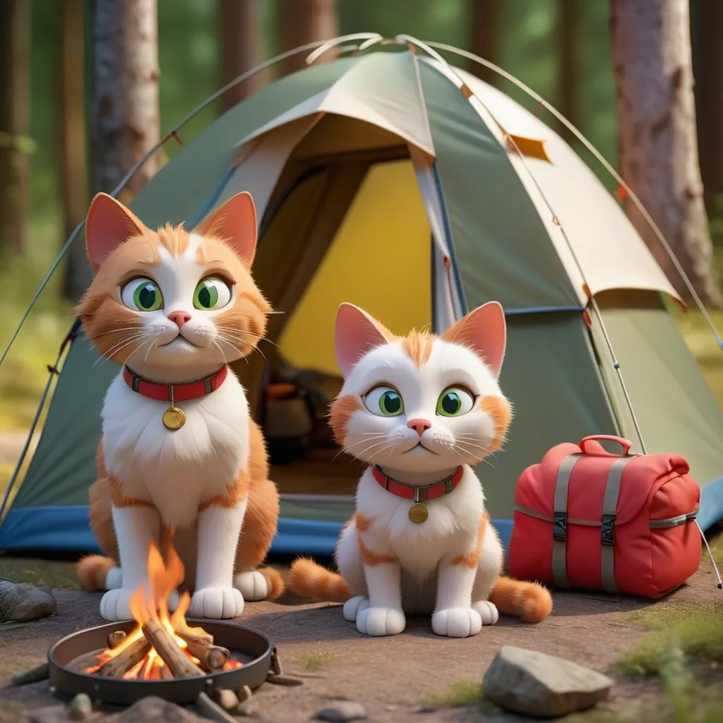 Prompt: 3d image of family cats go to camping