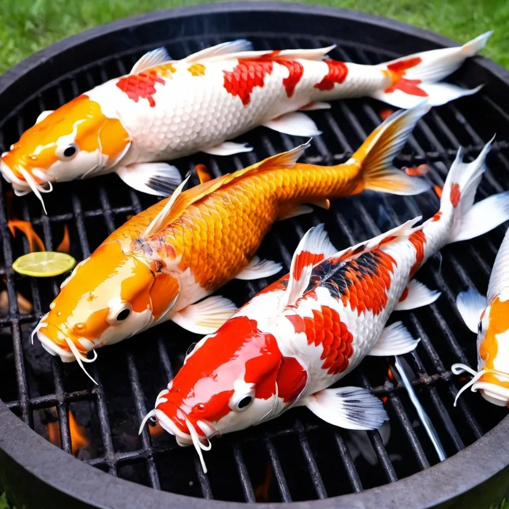 Prompt: Generate a picture with a grilled koi fish on the grill