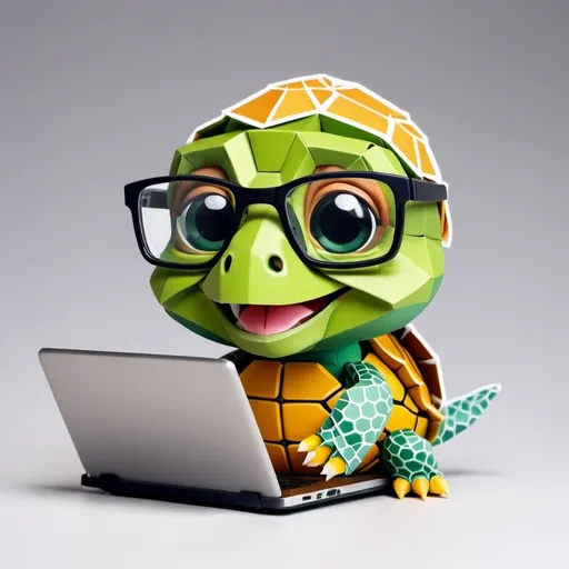 Prompt: chopontil turtle, smiling, with clear glasses, he is programming on his laptop,funko style in origami art, die-cut sticker, hyper-realistic, without background