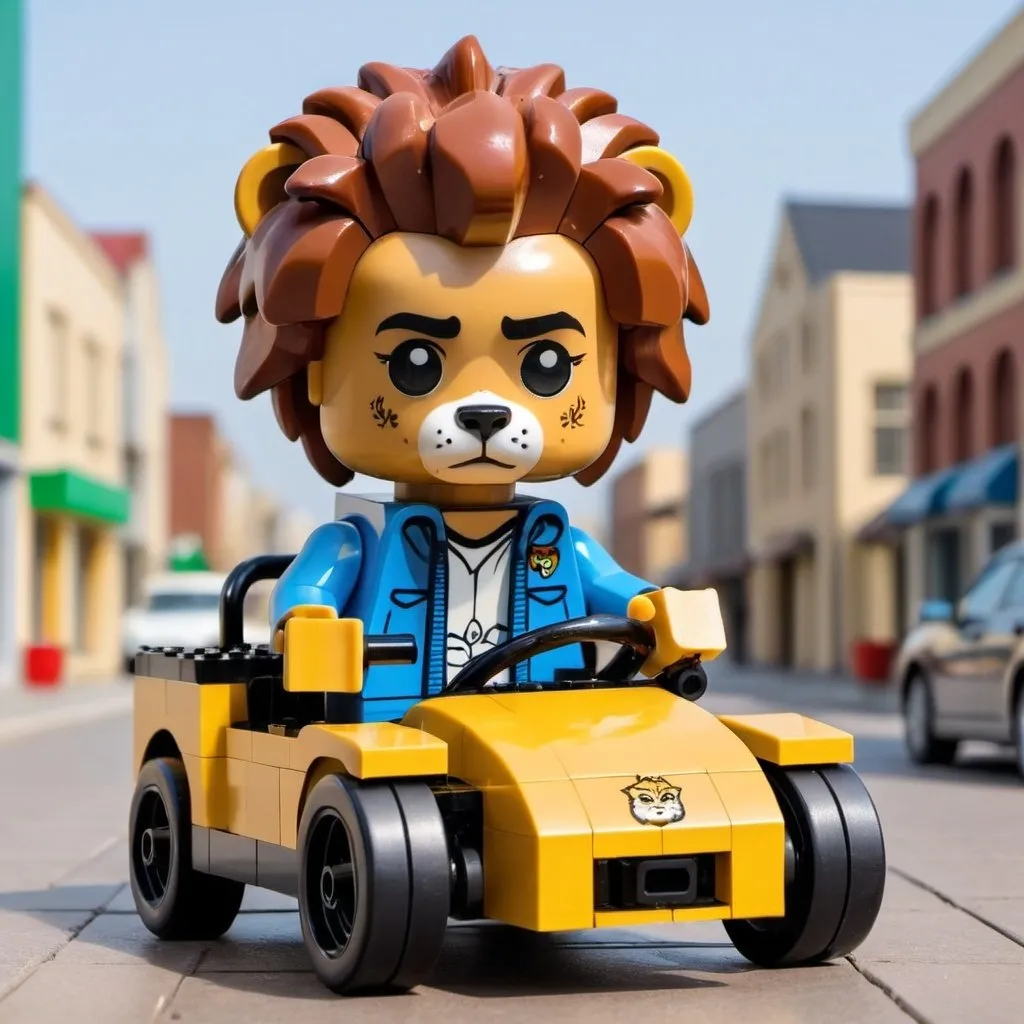 Prompt:  a boy with lion face in gocar, style poly low, lego and funko pop