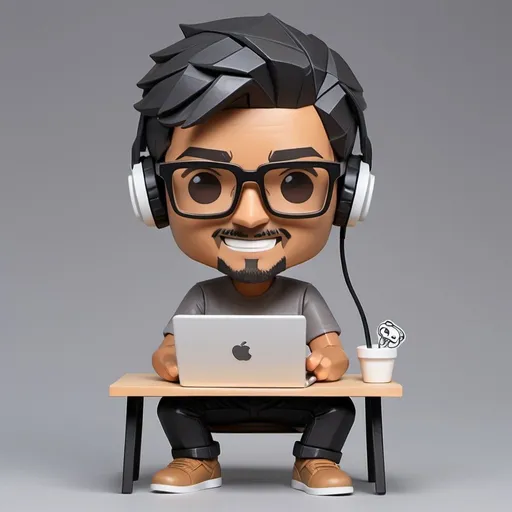 Prompt: Web developer, light brown tes, black hair, no beard, no mustache, with gray t-shirt and white borders, charismatic, listening to music, smiling, with clear glasses, he is programming on his laptop, funko pop,origami art, die-cut sticker, hyper-realistic, without background