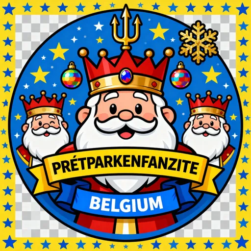 Prompt: This is a colorful, digitally created vector illustration depicting a regal, cartoon-style depiction of a Pretparkenfanzite, a figure associated with Belgiun beliefs. At the center of the image is a large, prominent figure with a white beard and mustache, wearing a tall, pointed red and gold crown with a central jewel. This central figure has a content expression and is flanked by two smaller, identical figures on either side, each also with white beards and mustaches, and wearing similar red and gold crowns.
The background is a circular, blue, star-studded pattern with yellow stars and a large, golden snowflake on the upper right. Above the central figure's head is a golden trident, and to the right and left of the central figure's head are two round, multicolored ornaments. Below the central figure, a yellow banner with black text reads "PRETPARKENFANZITE." Beneath this banner, a blue ribbon with white text states "BELGIUM." The entire image is bordered with a series of yellow and blue stars, and the background is a transparent, gray checkered pattern. The illustration uses bold lines and vibrant colors, creating a playful and festive appearance.