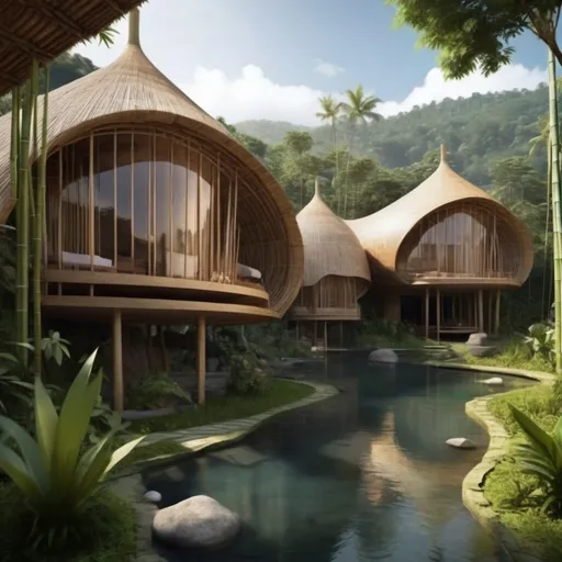 Prompt: Create a hot spring resort on a valley with sloped terrain, the buildings made with bamboo and with bali building style, and ulaman eco retreat as a reference, and make the building have organic shape