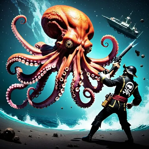 Prompt: octopus fighting a space pirate to the death