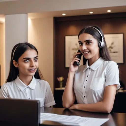 Prompt: Two sisters are speaking with a hotel receptionist for reservation  with phone please show two sister are in home and are speaking and receptionist is in hotel