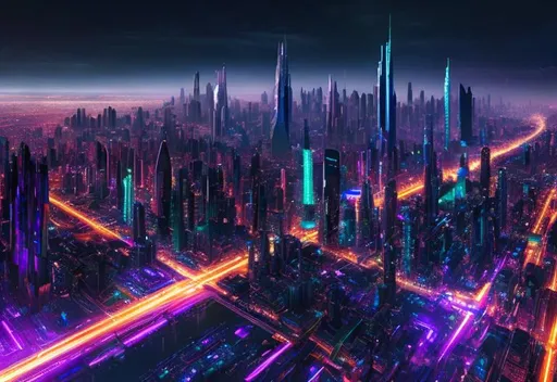 Prompt: Generate a visually striking futuristic urban landscape at dusk with an emphasis on high resolution. Envision towering skyscrapers illuminated by vibrant, high-definition holographic displays. Capture intricate details of the city below, featuring futuristic vehicles leaving distinct trails of light against the darkening sky. Ensure a crisp and detailed portrayal of the harmonious integration of nature and technology within the urban environment.