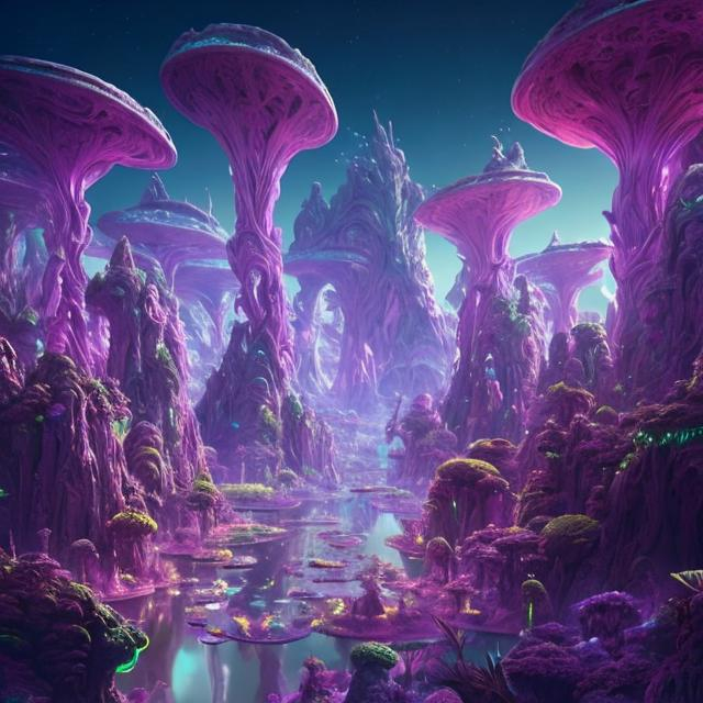 Prompt: Craft a breathtaking scene of a futuristic oasis on a distant planet, emphasizing a high-resolution output. Envision towering crystalline structures reflecting the light of multiple moons with intricate details. Illuminate the landscape with luminescent flora, providing an otherworldly glow. Incorporate floating islands in the sky with intricate ecosystems, ensuring each element is vividly captured in high definition. Highlight the advanced technology seamlessly blended with the natural surroundings for a visually stunning result.