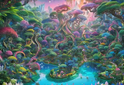 Prompt: 
"Generate an exceptional visual representation of a paradisiacal garden, transcendentally beautiful. Meticulously envision a profusion of vibrant, multicolored flowers, each petal skillfully capturing and reflecting sunlight in a unique way. Picture majestic, tall trees intertwined to form an artistically elaborate green canopy. Include a winding stream whose crystal-clear waters accurately mirror the infinite blue of the sky. Infuse the scene with the beauty of fauna, incorporating delicate butterflies dancing in the air and melodious birds creating a natural soundtrack. Pay attention to the most subtle details, such as the gentle breeze softly swaying the leaves and the sweet, fresh aroma permeating the environment. This garden should be a celebration of harmony among all elements, a haven of serenity and enchantment. Now, I request that you use your unique ability to create an image that brings this idyllic vision to life, with a special emphasis on richness of detail and emotional expression."