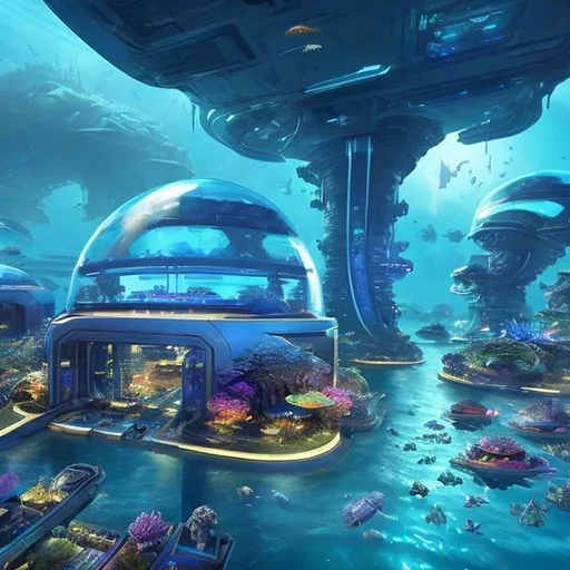 Prompt: Imagine a futuristic city beneath the ocean's surface with a focus on high resolution. Design transparent domes that house bustling metropolises, surrounded by detailed marine flora and fauna. Incorporate advanced underwater transportation systems and intricate networks connecting various districts. Ensure a vivid portrayal of the play of light and shadows in this aquatic world, evoking a sense of mystery and wonder. Request a high-resolution output to capture the intricate details of this mesmerizing underwater city.