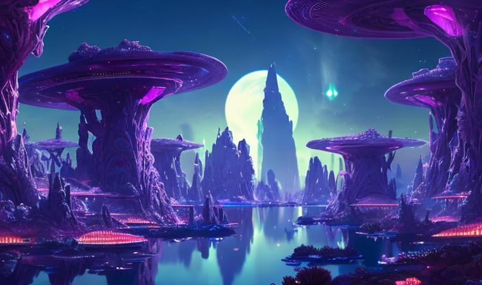 Prompt: Craft a breathtaking scene of a futuristic oasis on a distant planet, emphasizing a high-resolution output. Envision towering crystalline structures reflecting the light of multiple moons with intricate details. Illuminate the landscape with luminescent flora, providing an otherworldly glow. Incorporate floating islands in the sky with intricate ecosystems, ensuring each element is vividly captured in high definition. Highlight the advanced technology seamlessly blended with the natural surroundings for a visually stunning result.