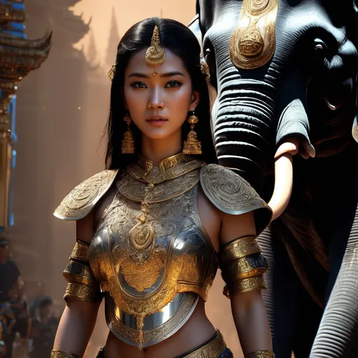 Prompt: thai armor , hyper detailed armor, gorgeous woman, goddess, black hair, perfect face, perfect eyes, 8k eyes, intricate details, insanely detailed, masterpiece, cinematic lighting, 8k, complementary colors, golden ratio, octane render, volumetric lighting, unreal 5, artwork, concept art, cover, top model, light on hair ,Riding an elephant