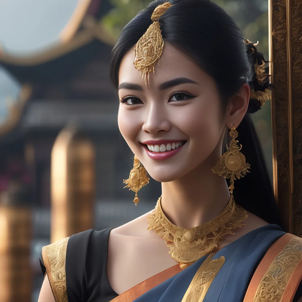 Prompt: thai , gorgeous woman, goddess, black hair, perfect Genuine smile face, perfect eyes, 8k eyes, intricate details, insanely detailed, masterpiece, cinematic lighting, 8k, complementary colors, golden ratio, octane render, volumetric lighting, unreal 5, artwork, concept art, cover, top model, light on hair , 