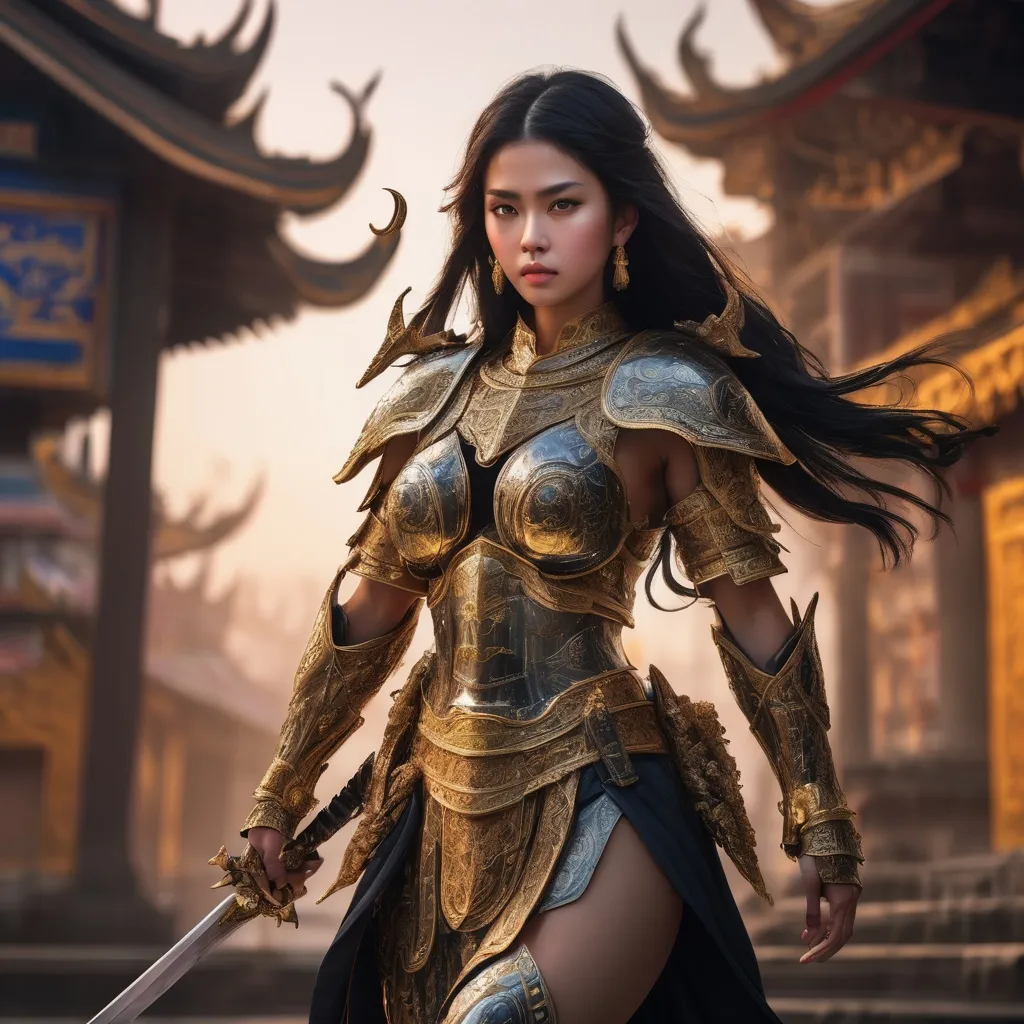 Prompt: full body,thai armor , hyper detailed armor, gorgeous woman, goddess, black hair, perfect face, perfect eyes, 8k eyes, intricate details, insanely detailed, masterpiece, cinematic lighting, 8k, complementary colors, golden ratio, octane render, volumetric lighting, unreal 5, artwork, concept art, cover, top model, light on hair ,
fighting with sword 