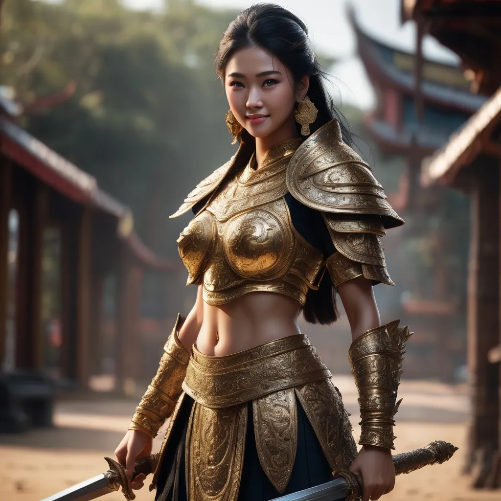 Prompt: thai armor , hyper detailed armor, gorgeous woman, goddess, black hair, perfect Genuine smile face, perfect eyes, 8k eyes, intricate details, insanely detailed, masterpiece, cinematic lighting, 8k, complementary colors, golden ratio, octane render, volumetric lighting, unreal 5, artwork, concept art, cover, top model, light on hair ,
fighting with sword