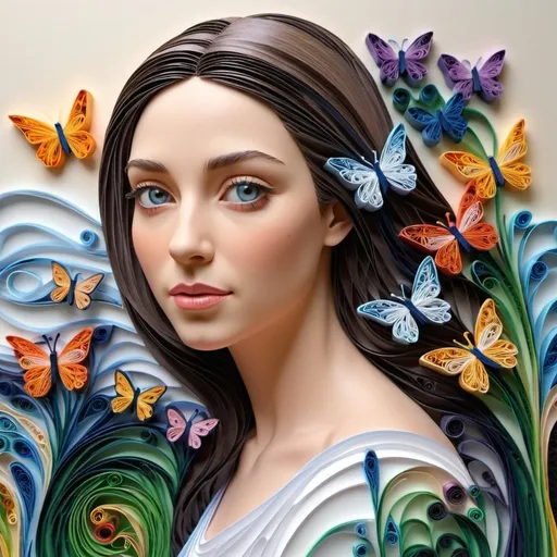 Prompt: A beautiful woman. Hyperdetailed photorealistic.  She is actually made of thousands of very very  tiny tightly wound spiral quills of colored paper. Even the irises of her eyes are made of tiny paper quills. paper quilling. She is slowly reaching up with one hand for a paper quilled butterfly. The landscape behind her is more impressionistic